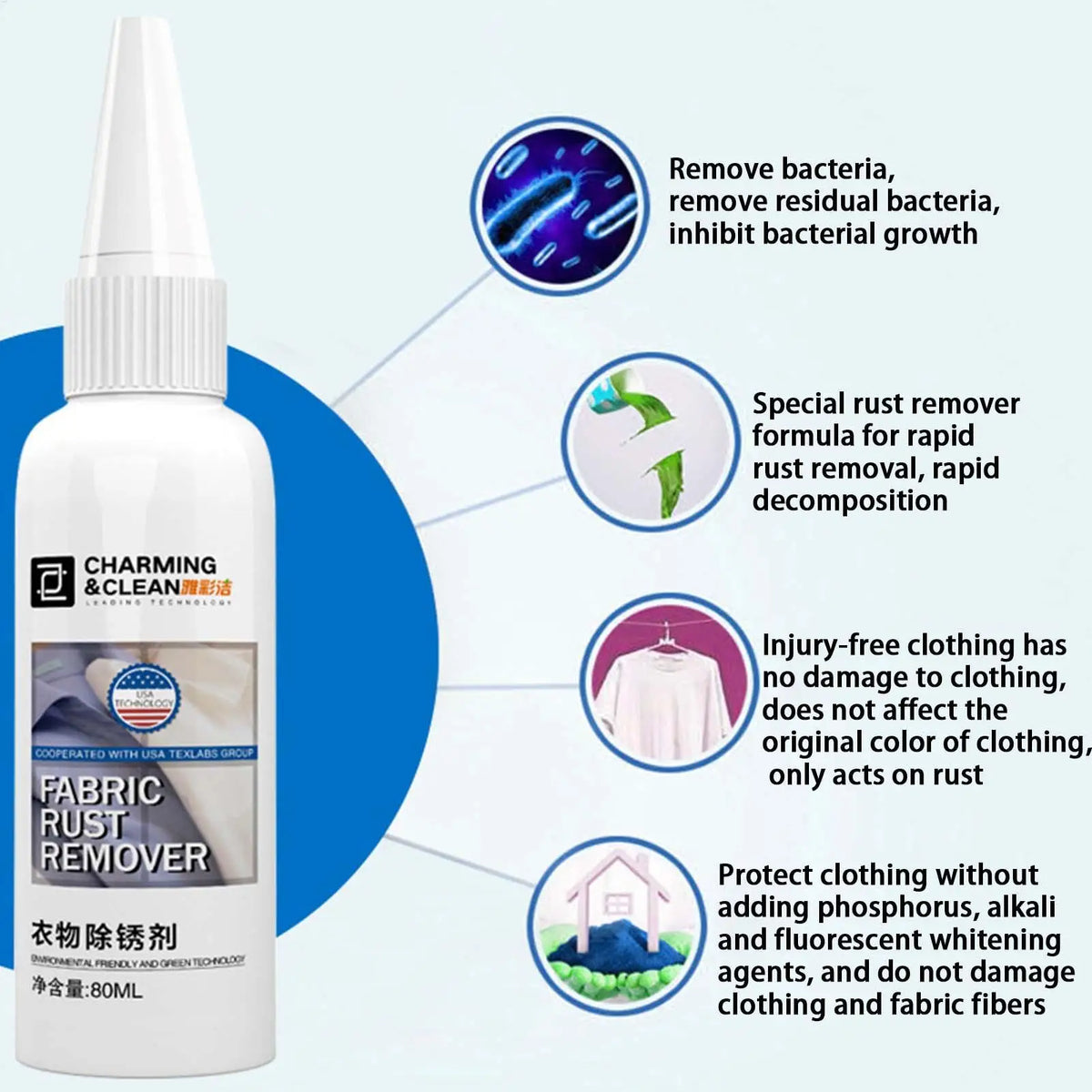 Fabric Rust Stain Remover 80ml | Safe Laundry Cleaning Liquid Fabric Stain Remover QXL
