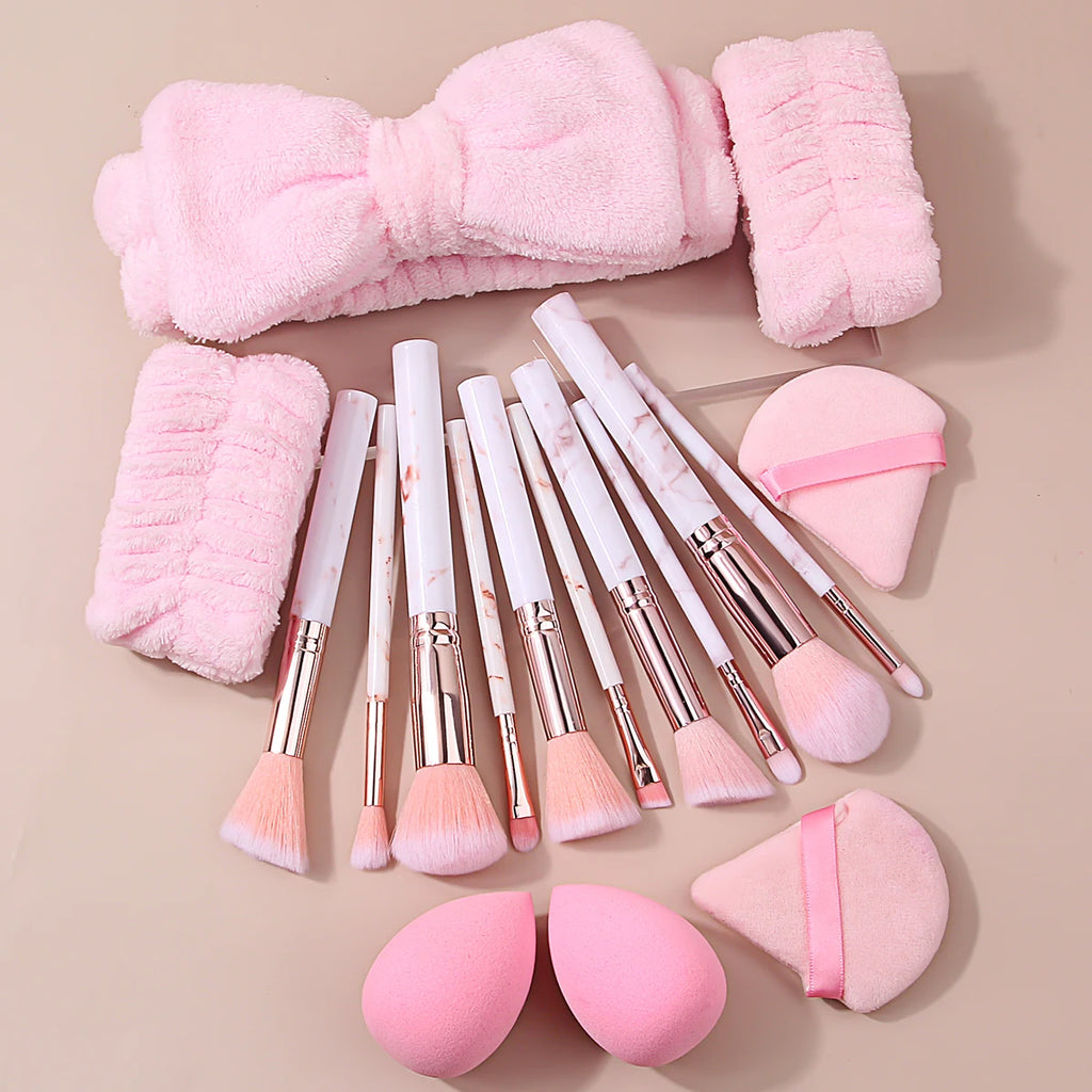 17-Pc Pink Makeup Brush Set with Sponge Puff & Wrist Strap Makeup Brush Set QXL Pink