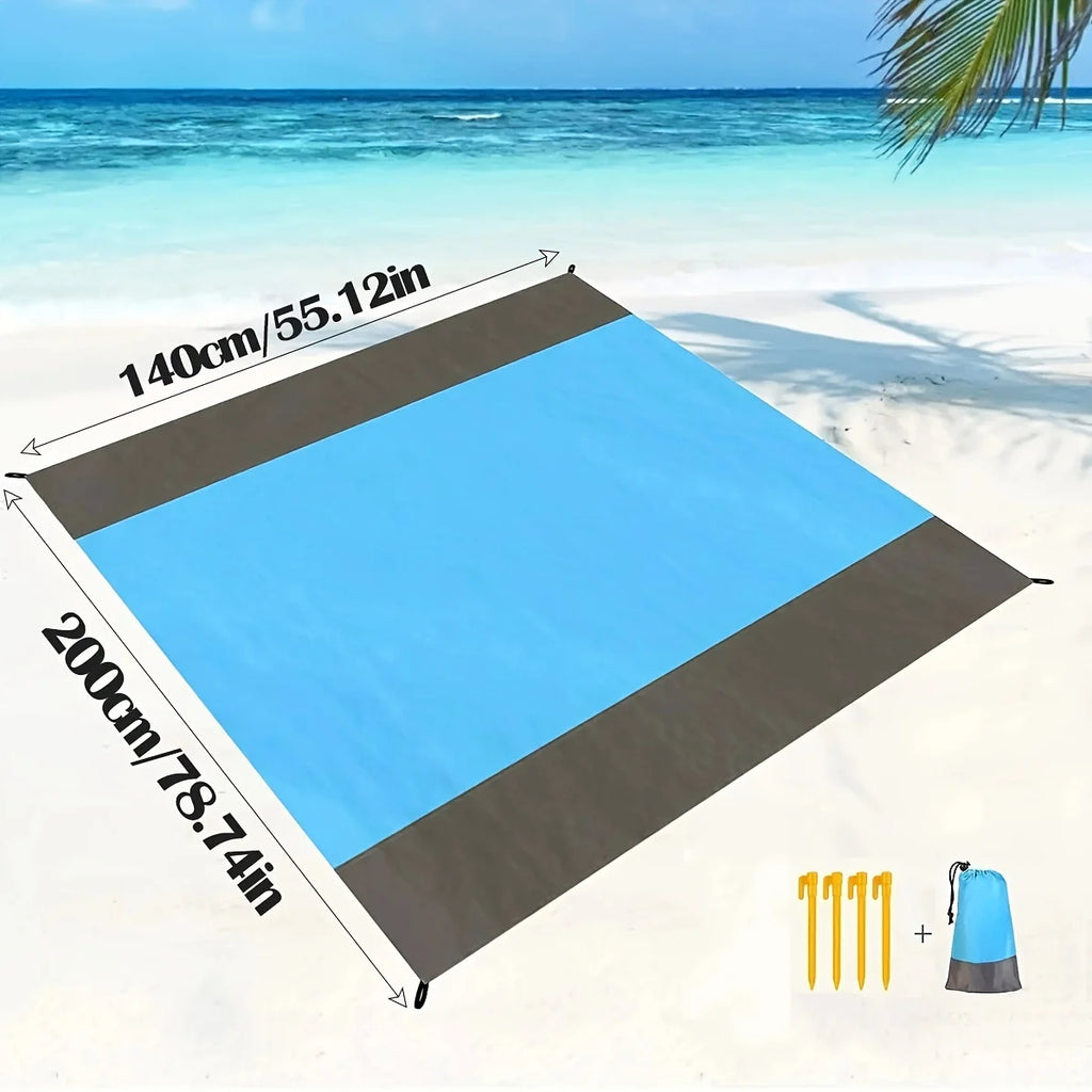 Foldable Waterproof Beach Mat & Picnic Blanket with Stakes Outdoor Picnic Mat QXL Blue