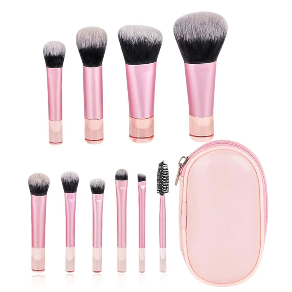 10-Piece Mini Travel Makeup Brush Set with Storage Pouch Travel Makeup Brush Set QXL pink