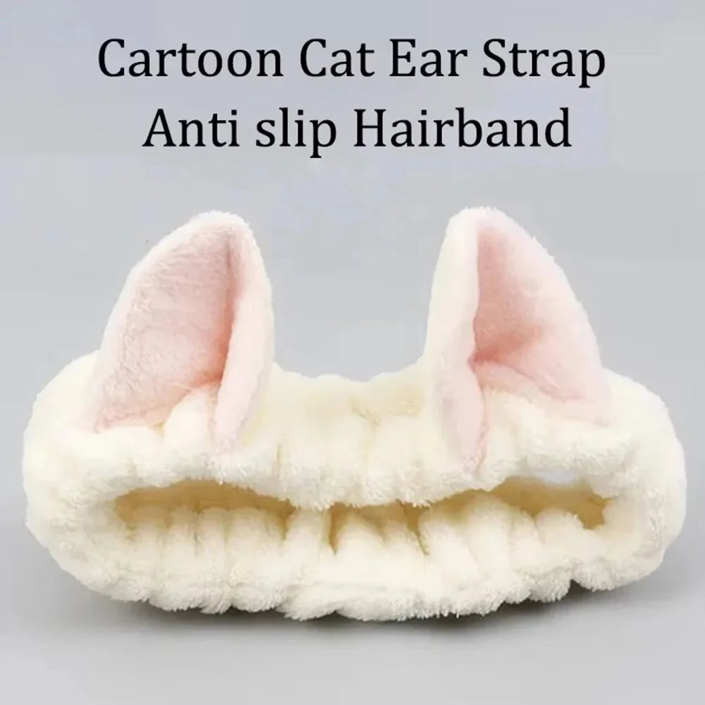 Coral Fleece Cat Ear Headband for Makeup & Face Washing Makeup Headband QXL