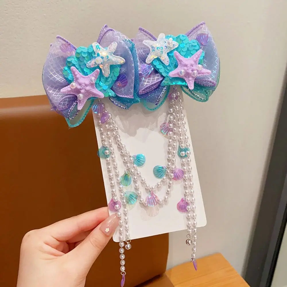Kids Mermaid Pearl Fairy Hair Clips | Tassel Forehead Chain Kids Hair Clips QXL Purple Starfish