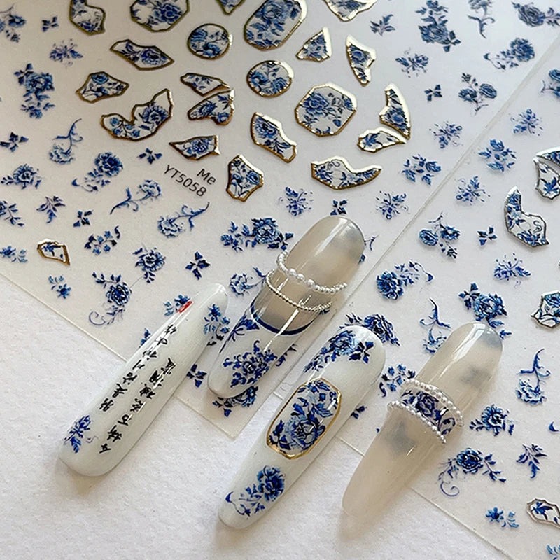3D Blue White Porcelain Nail Art Stickers | DIY Decals Nail Art Stickers QXL