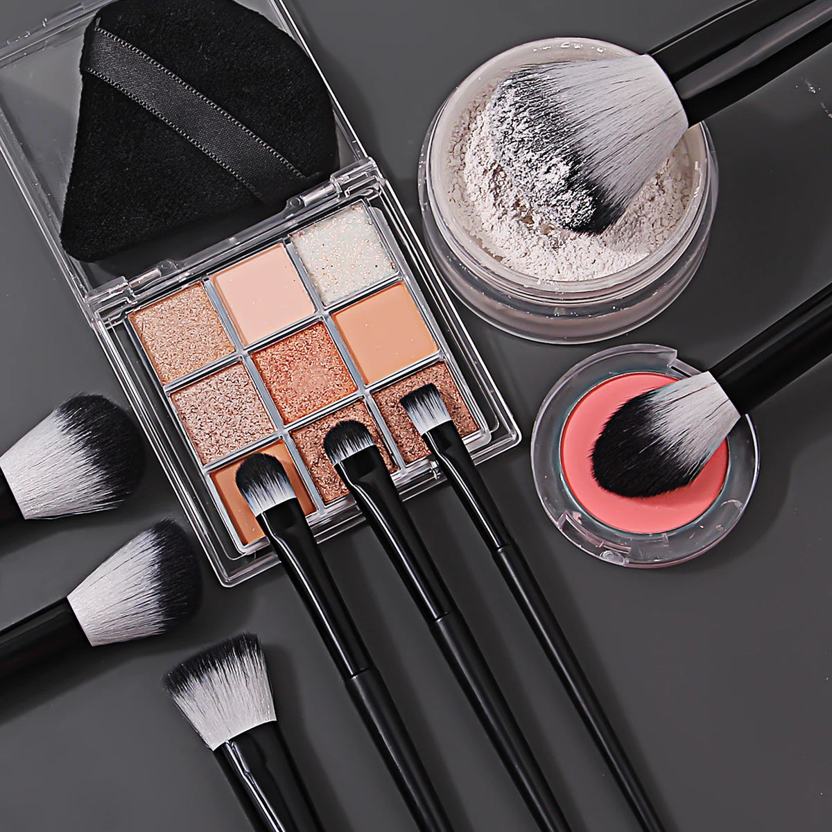 17-Pc Black Makeup Brush Set with Sponges & Powder Puffs Makeup Brush Set QXL
