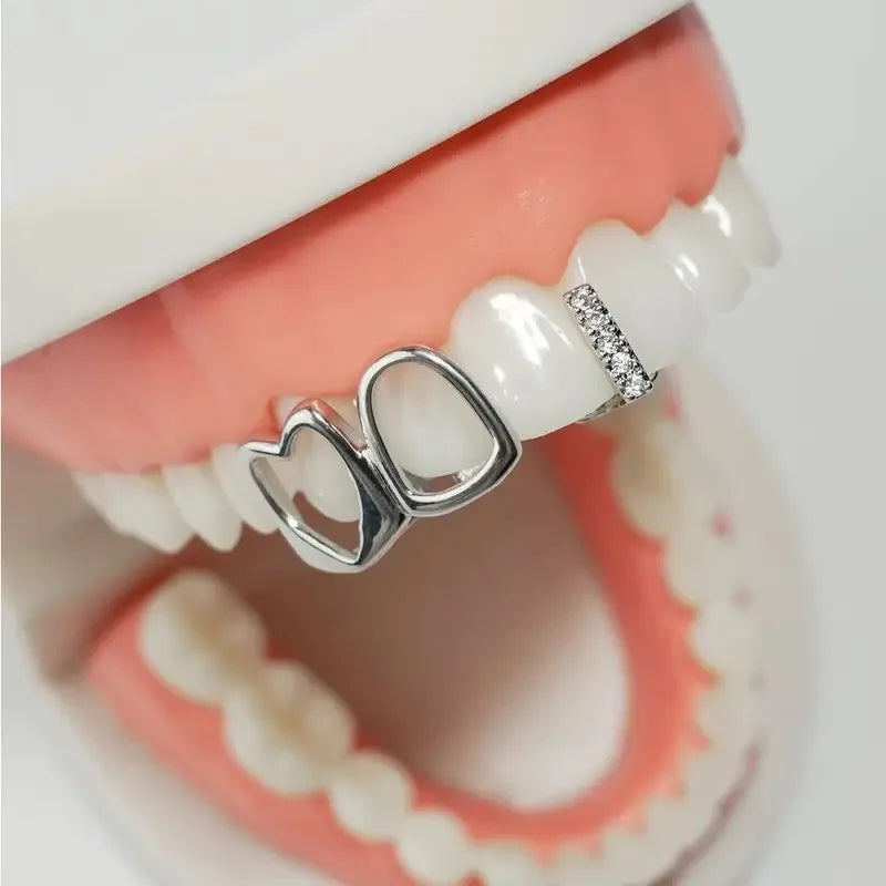Hollow Heart Grillz Set | Gold & Silver Hip Hop Tooth Jewelry Hip Hop Grillz QXL