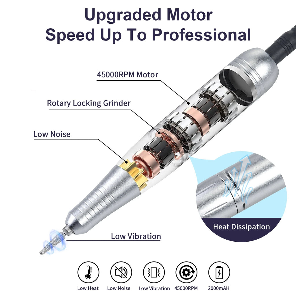 45000 RPM Rechargeable Nail Drill | Pro Electric File Kit Electric Nail Drill QXL