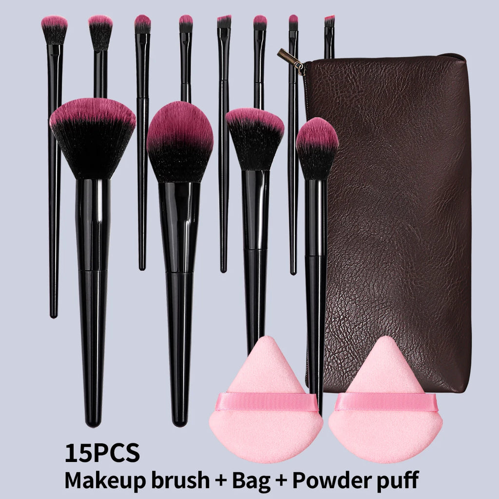 15-Pc Makeup Brush Set with PU Bag & Pink Powder Puffs Makeup Brush Set QXL black