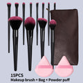 15-Pc Makeup Brush Set with PU Bag & Pink Powder Puffs Makeup Brush Set QXL black