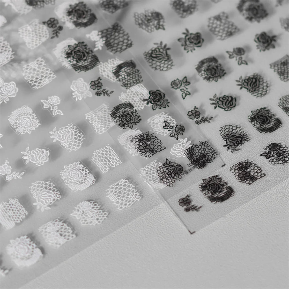 5D Kawaii Lace Nail Stickers | Black White Japanese Rose Decals Nail Art Stickers QXL