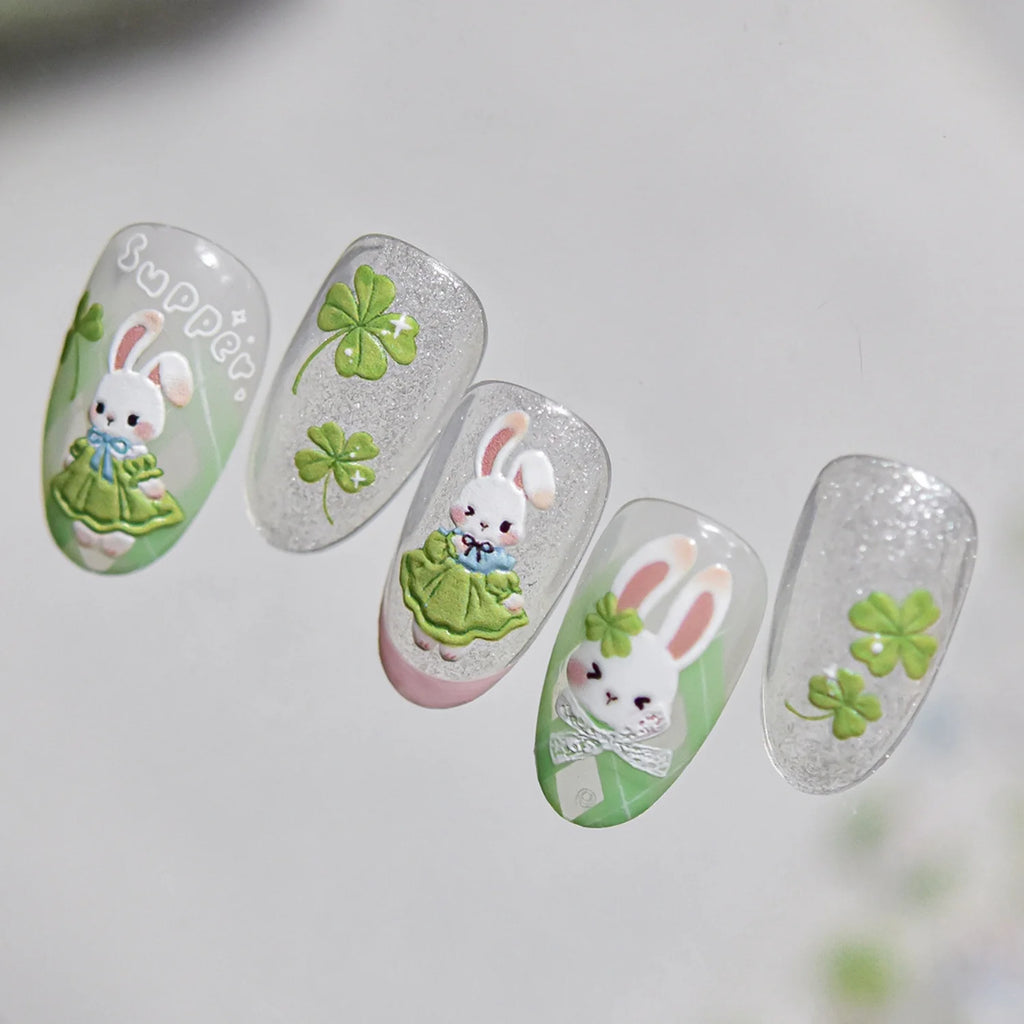 5D Embossed Rabbit Nail Art Stickers | Garden Clover Bow Decals Nail Art Stickers QXL