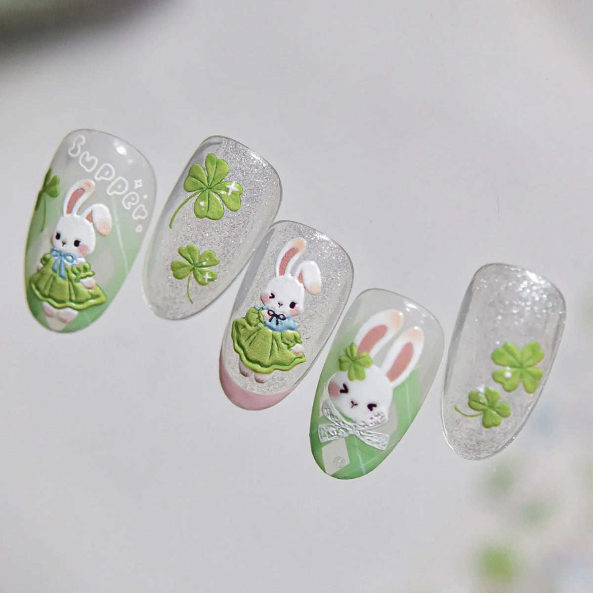 5D Embossed Rabbit Nail Art Stickers | Garden Clover Bow Decals Nail Art Stickers QXL