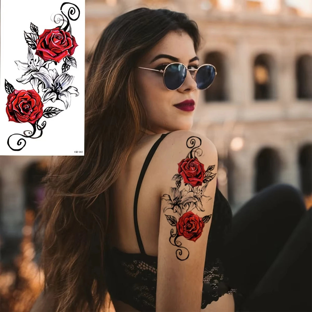 Red Rose & Snake Waterproof Temporary Tattoos | Transfer Set Temporary Tattoos QXL