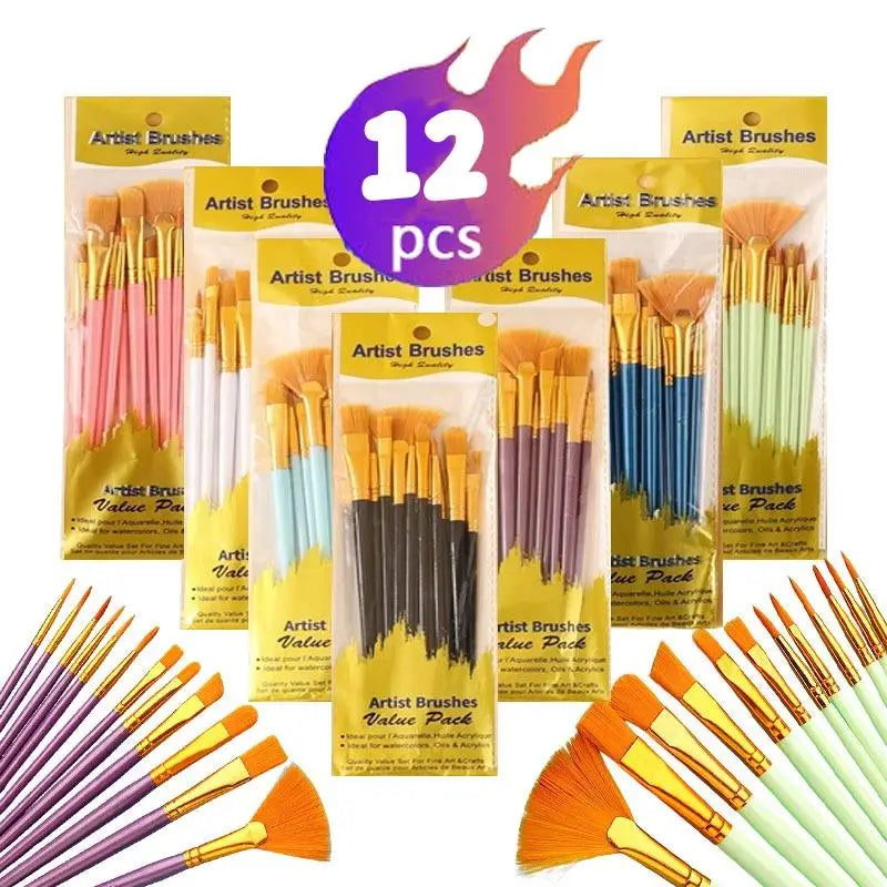 12-Piece Nylon Flat Artist Brush Set – Watercolor, Oil & Fabric Artist Brush Set QXL