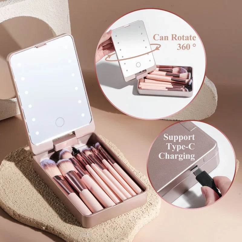 14-Pc Makeup Brush Set with Rechargeable LED Mirror Case Makeup Brush Set QXL
