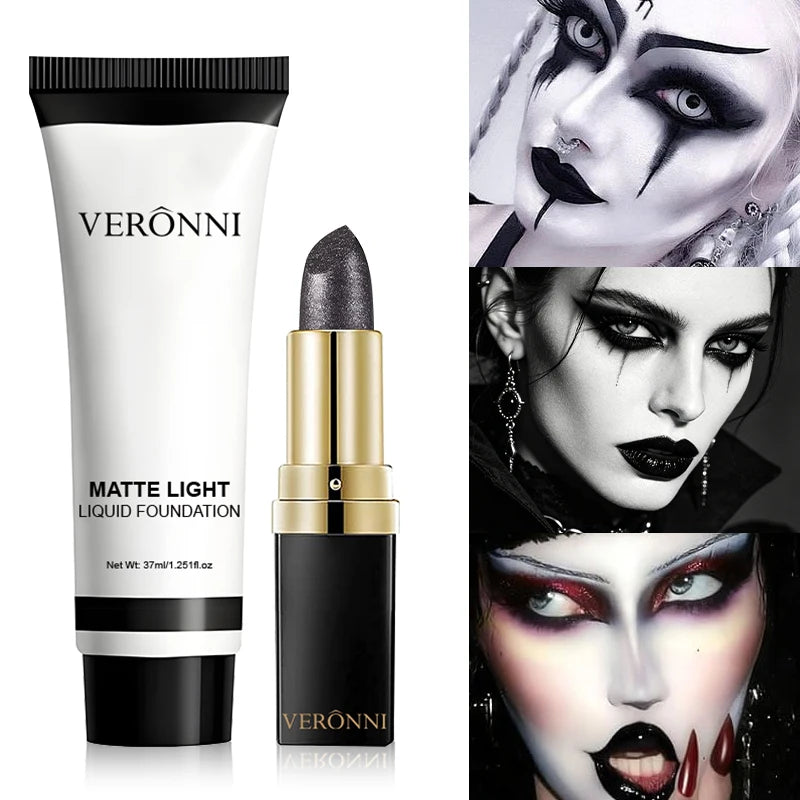 Matte White Foundation & Black Lipstick | Goth Halloween Set Cosplay Makeup Set QXL 2pcs