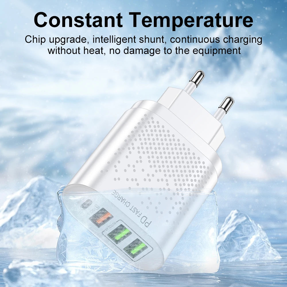 4-Port USB-C Wall Charger PD 20W & Quick Charge 3.0 USB Wall Charger QXL
