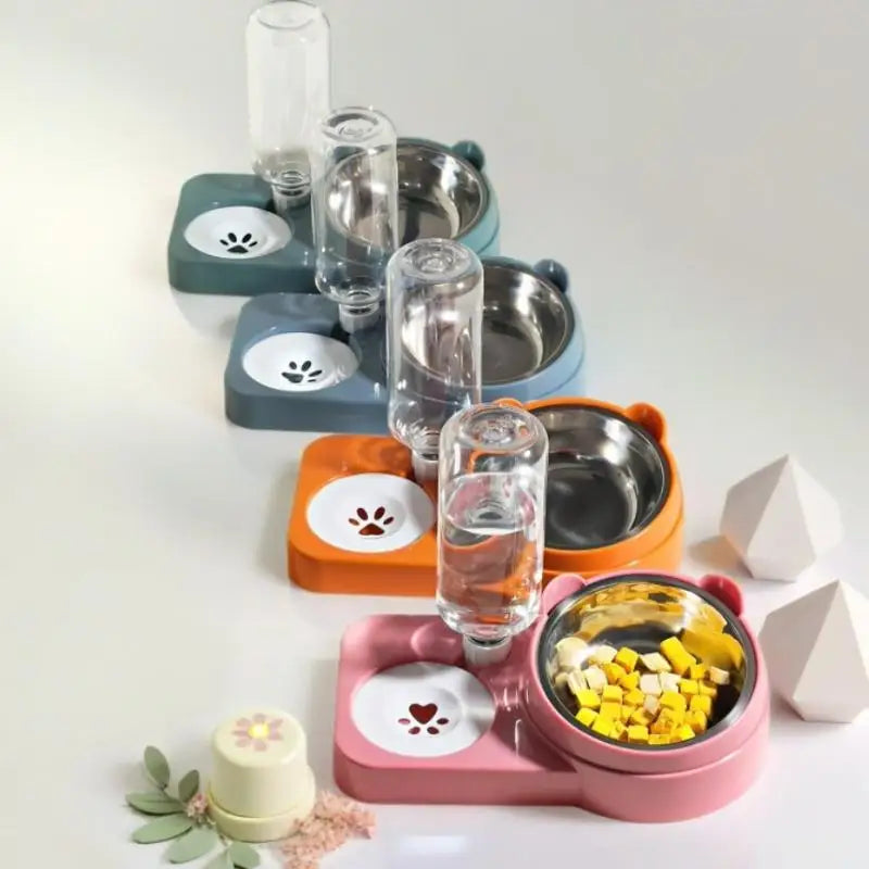 Double Bowl Anti-Spill Pet Feeder | Cat & Dog Food Dish Pet Double Bowl Feeder QXL