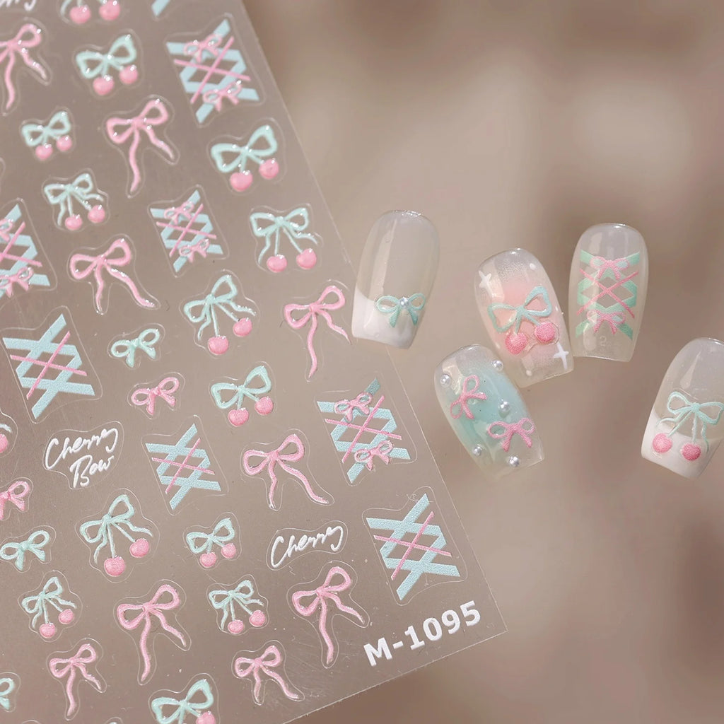 5D Cherry Bow Nail Stickers | Pink Blue Plaid Self-Adhesive Nail Art Stickers QXL