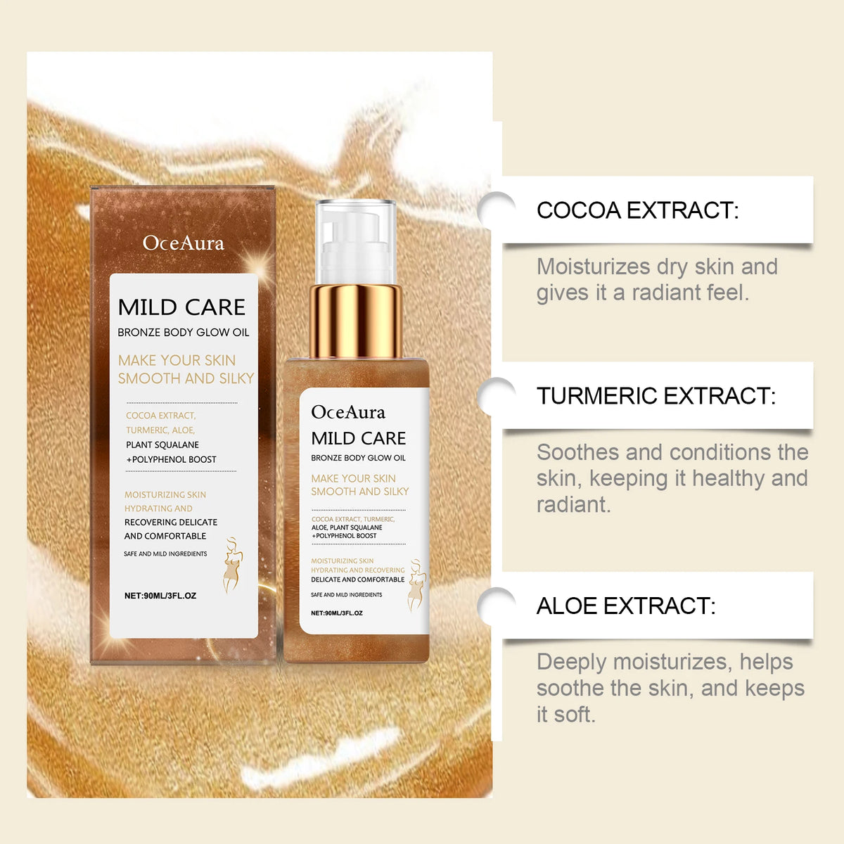 OceAura Bronze Shimmer Body Oil 90ml | Glow, Glitter & Moisture Shimmer Body Oil QXL