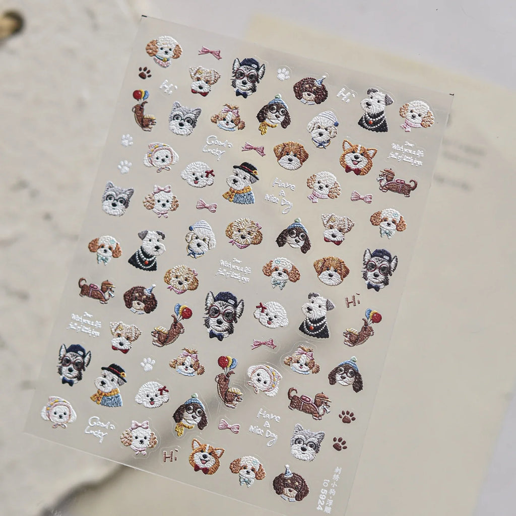 5D Dog Nail Stickers – Schnauzer Shiba Vintage Embroidery Nail Art Stickers QXL