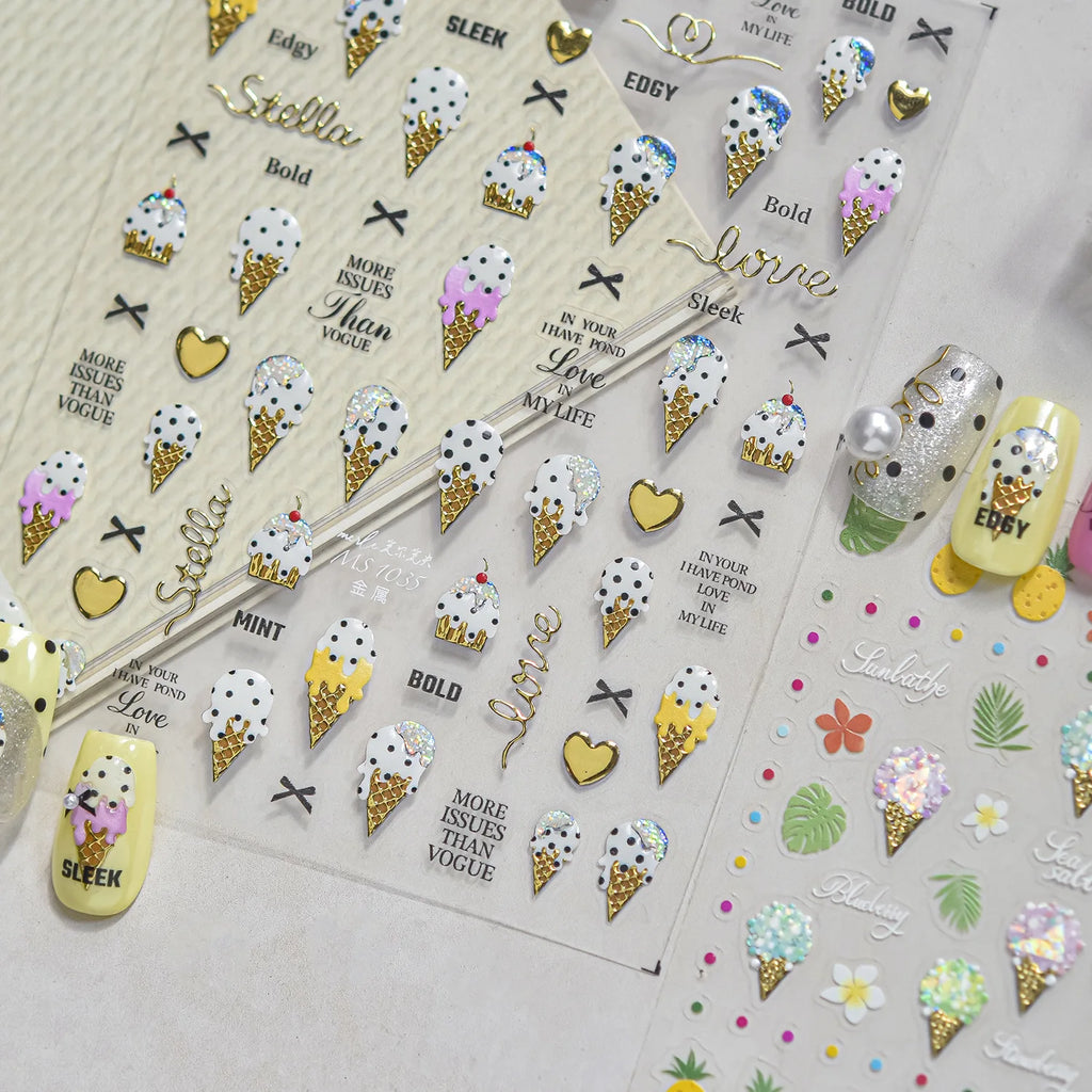 5D Tropical Nail Stickers – Ice Cream, Fruit & Palm Decals Nail Stickers QXL