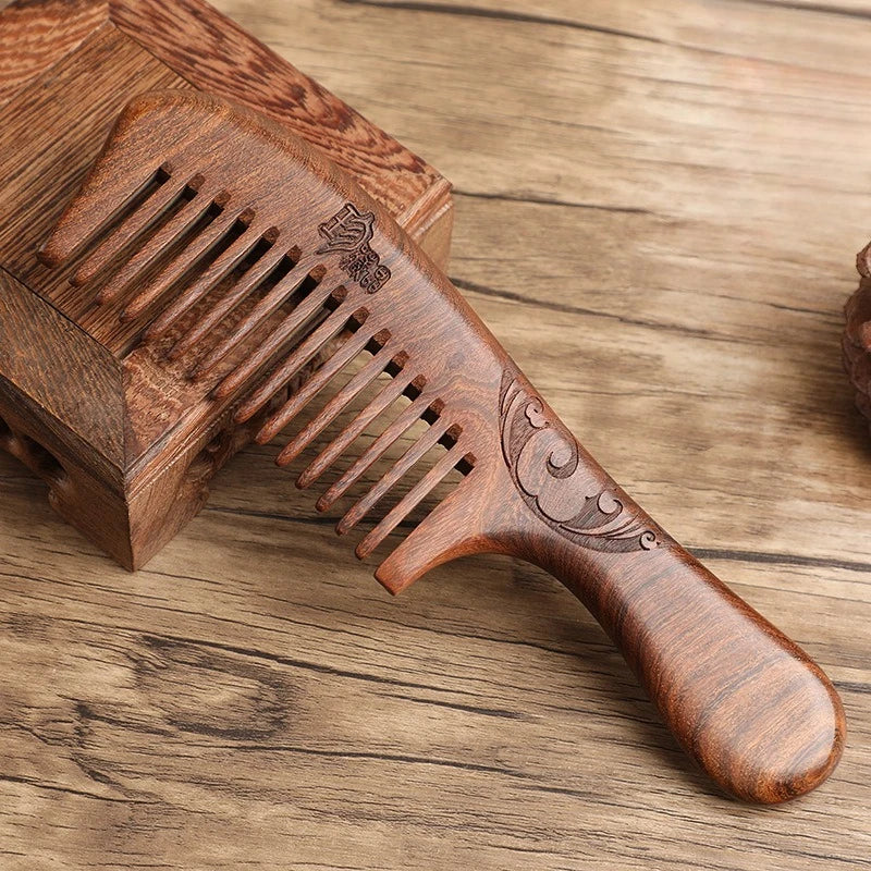 Natural Sandalwood Wood Comb – Anti-Static Wide & Narrow Tooth Wooden Hair Comb QXL