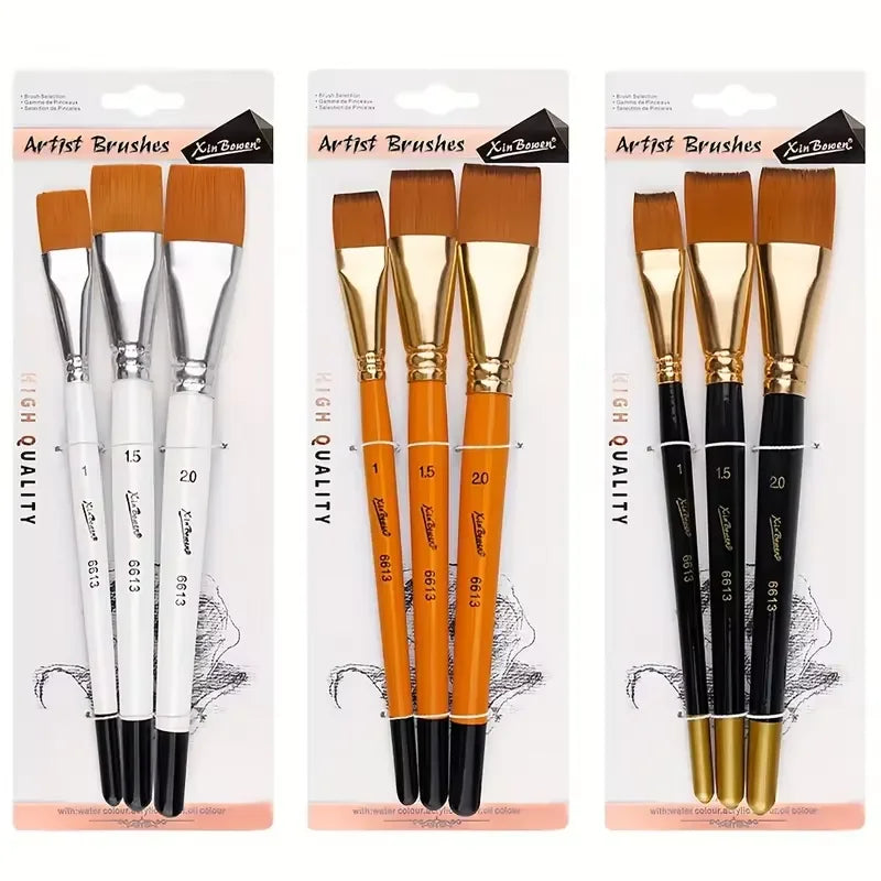 3-Piece Flat Paint Brush Set | Nylon Art Brushes for Acrylic & Oil Art Paint Brush Set QXL