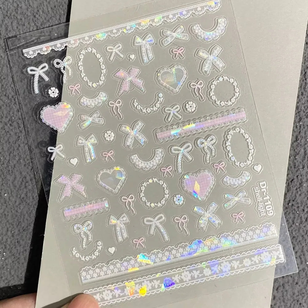 3D Lace Bow Nail Stickers | Embossed Shiny Shell Decals Nail Art Stickers QXL