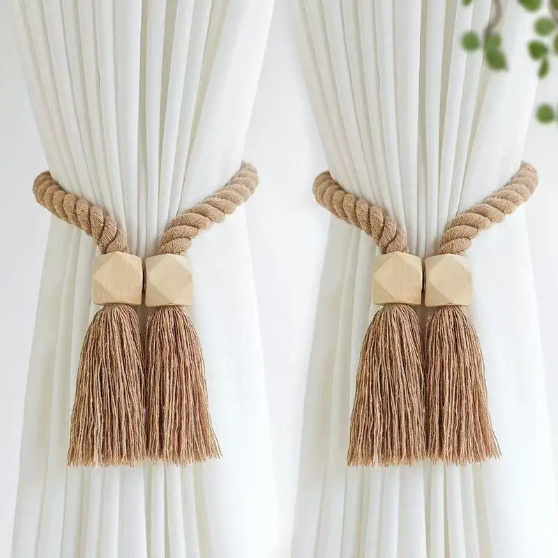 2-Pack Magnetic Wooden Tassel Curtain Holdbacks | Home Decor Curtain Holdbacks QXL A4