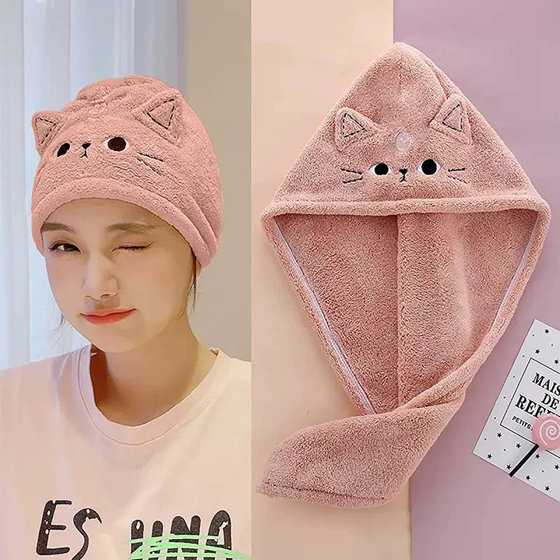 Cartoon Cat Coral Fleece Hair Towel Wrap Cap | Quick Dry Hair Towel Wrap QXL Pink