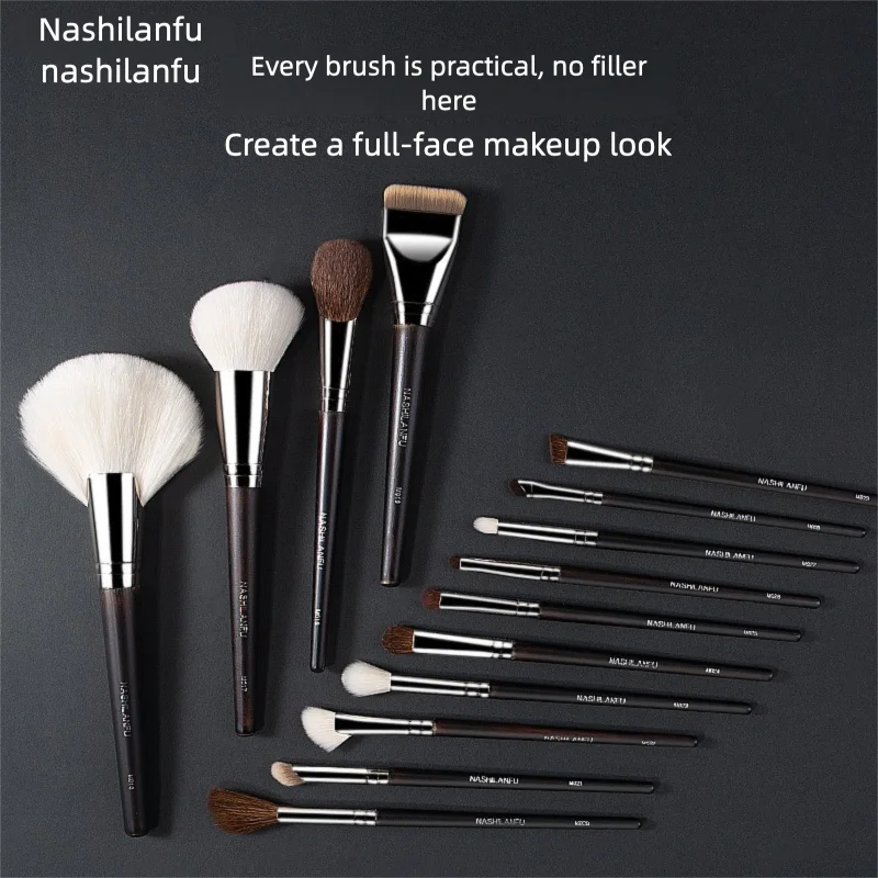 14-Piece Wool Makeup Brush Set | Wooden Handle Full Face Kit Makeup Brush Set QXL