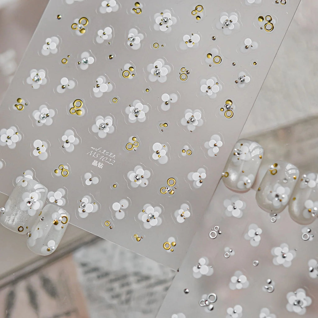 5D French Nail Stickers | Floral Gold Diamond Decals Nail Art Stickers QXL
