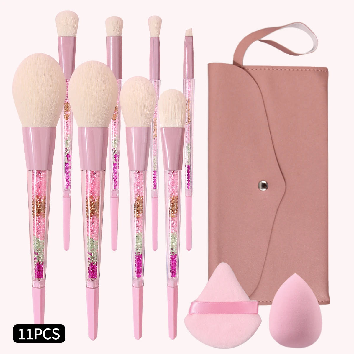 11-Pc Pink Glitter Makeup Brush Set | Crystal Handle & Bag Makeup Brush Set QXL Pink