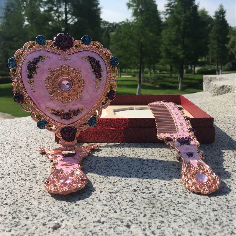 Vintage Heart Hand Mirror & Comb Set | Elegant Gift Box Vanity Mirror Set QXL