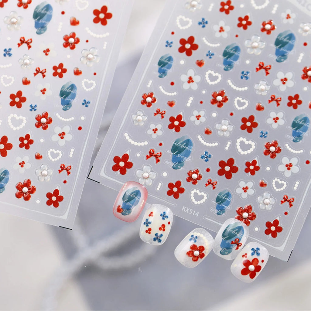 5D Floral Nail Art Stickers | Pearl Heart Bow Jelly Petal Decals Nail Art Stickers QXL