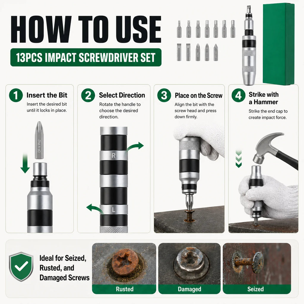 13-Pc Manual Impact Driver Set | CR-V S2 Steel Screwdriver Kit Manual Impact Driver QXL
