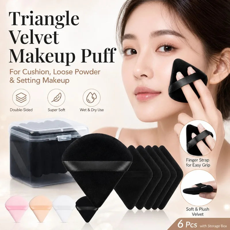 6-Pack Triangle Velvet Makeup Puff Set with Storage Box Velvet Makeup Puff Set QXL