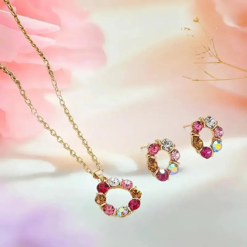 3-Piece Gold Circle Crystal Necklace & Earrings Set | Women Jewelry Set QXL