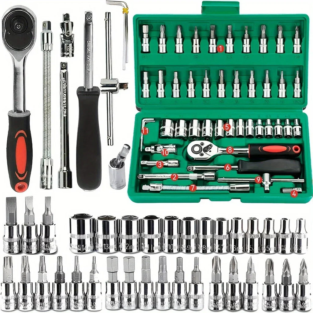 46-Pc 1/4" Ratchet Socket Set | Metric Hex Bit Tool Kit Ratchet Socket Set QXL 10 green 1
