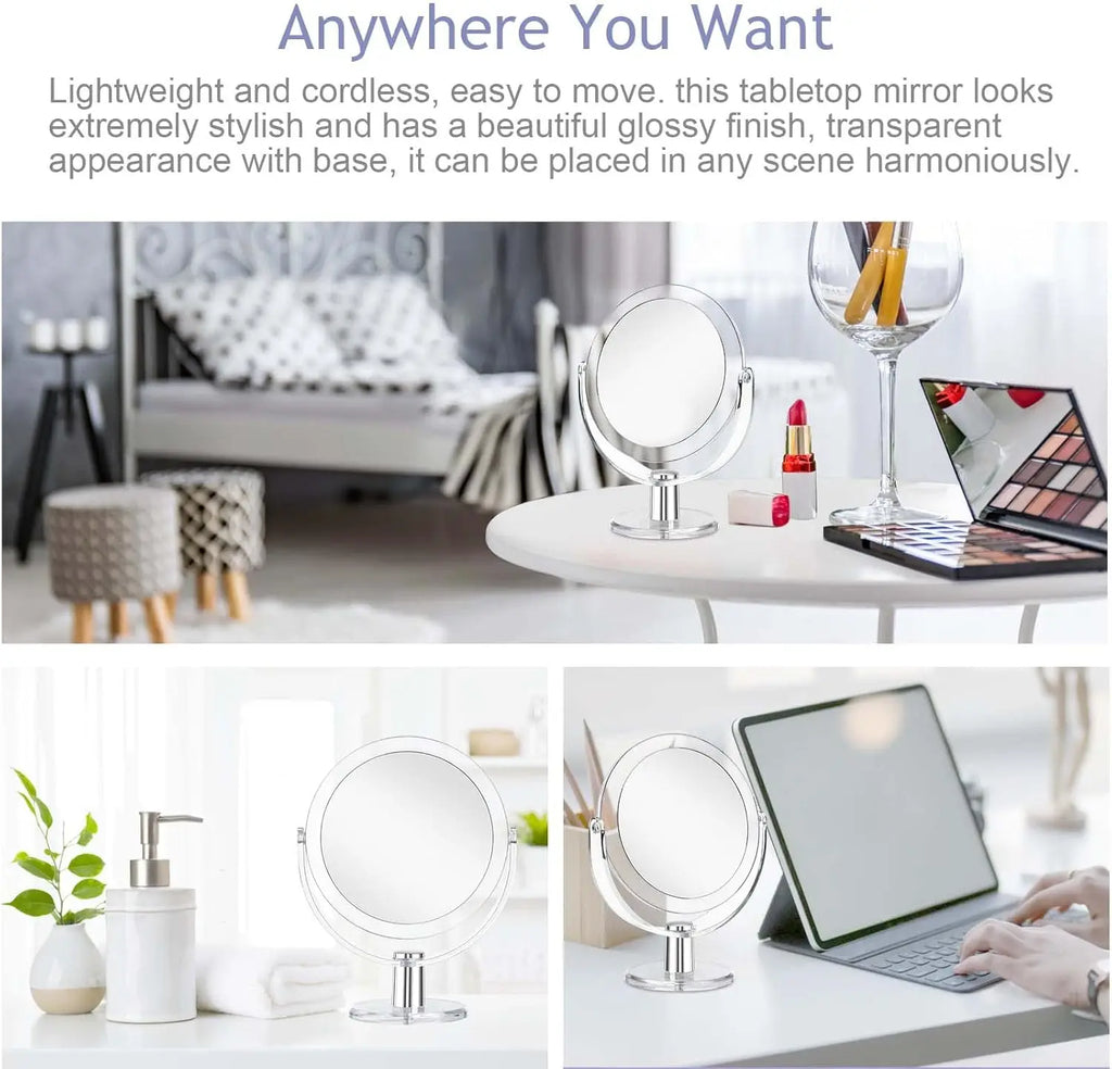 Double-Sided 1X/2X Magnifying Makeup Mirror | 360° Swivel Stand Magnifying Makeup Mirror QXL