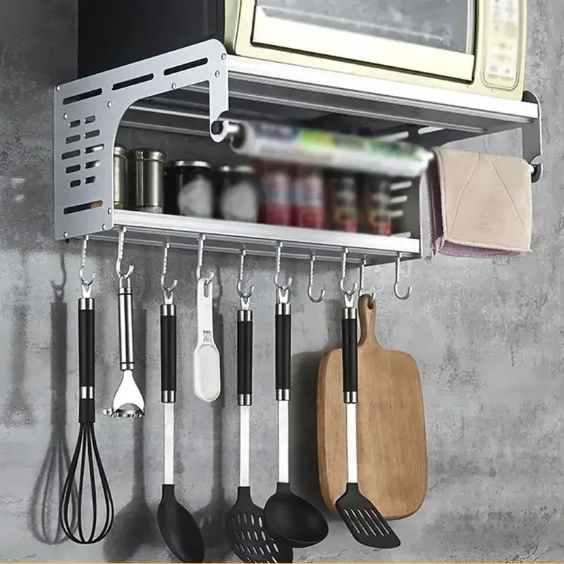 2-Tier Wall-Mount Aluminum Microwave Rack with Hooks Kitchen Wall Rack QXL