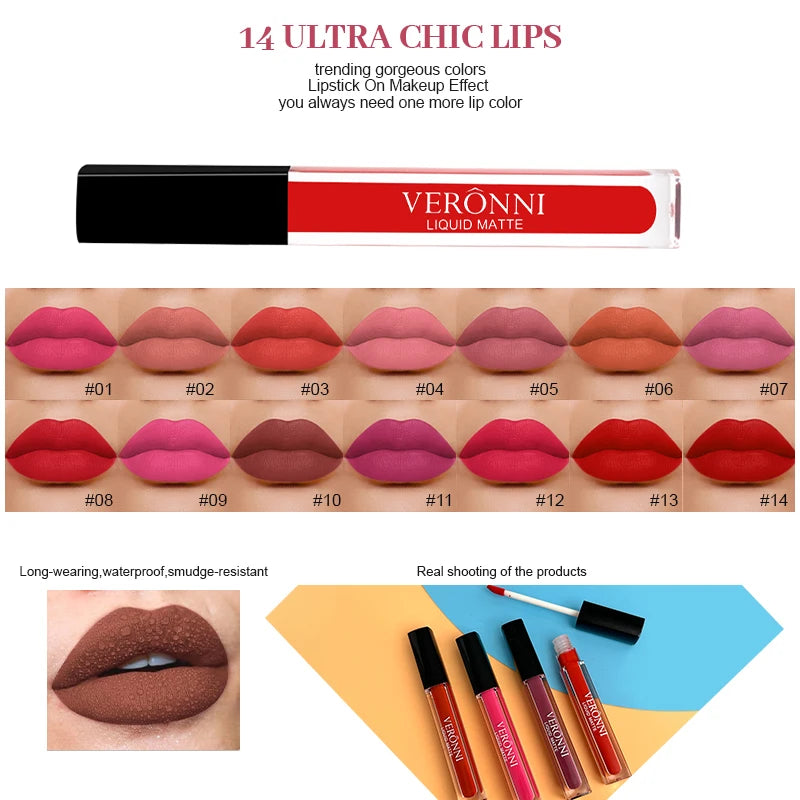 VERONNI 14-Shade Matte Liquid Lipstick | Waterproof Velvet Lip Gloss Matte Liquid Lipstick QXL