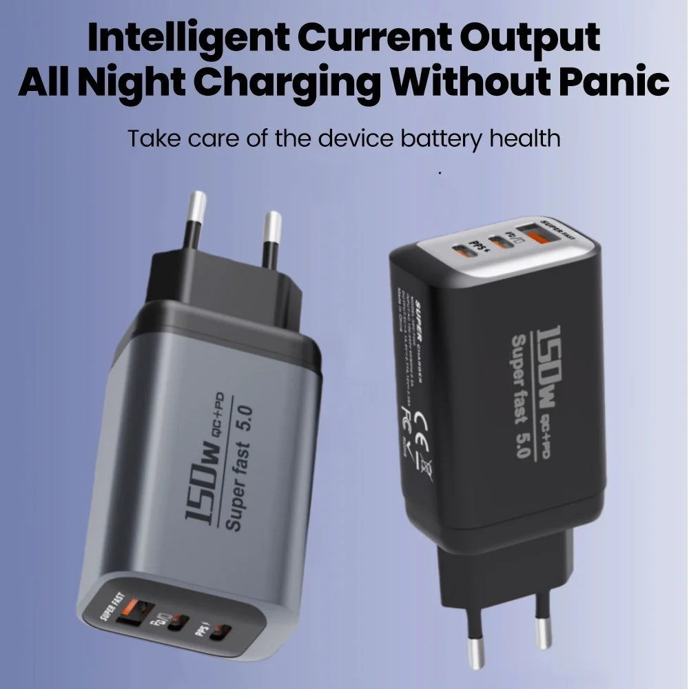150W 3-in-1 USB-C PD Fast Charger | QC3.0 EU US UK Travel USB-C Wall Charger QXL