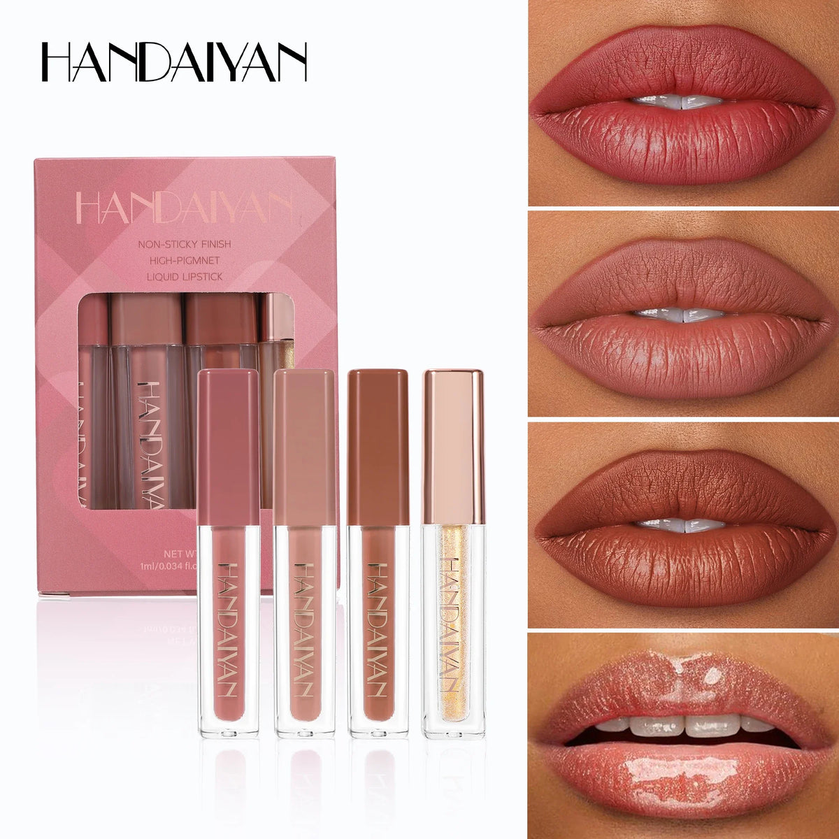 Handaiyan 4-Pc Velvet Liquid Lipstick Set | Matte & Gloss Liquid Lipstick Set QXL
