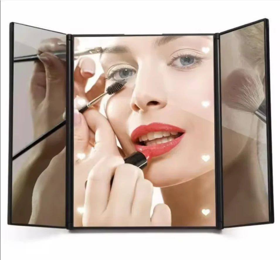 Portable LED Three-Sided Folding Makeup Mirror with Light Lighted Makeup Mirror QXL