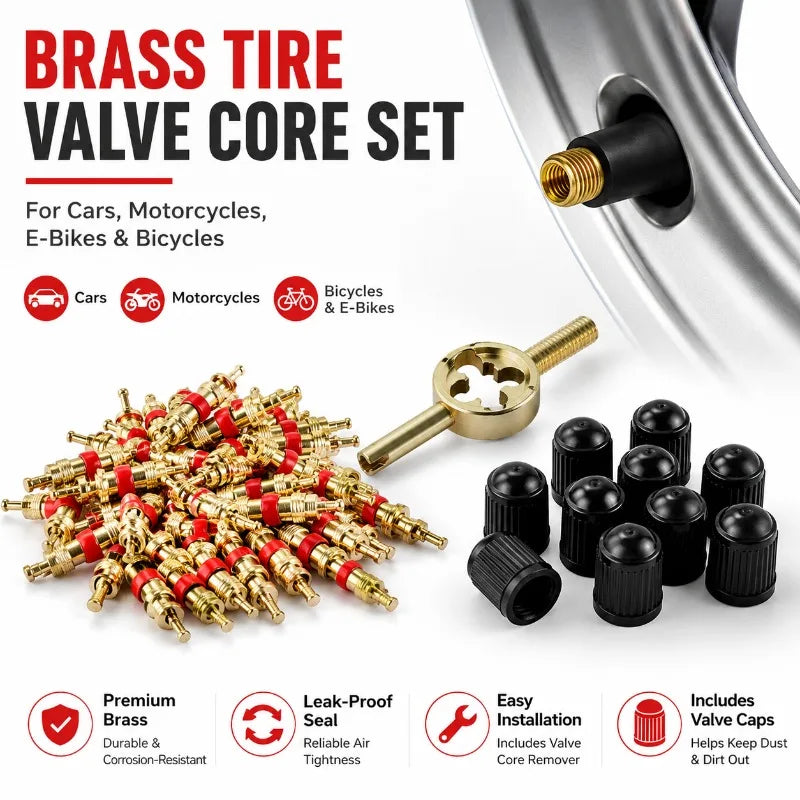 Brass Schrader Tire Valve Core Kit + Remover Tool & Dust Caps Tire Valve Core Kit QXL