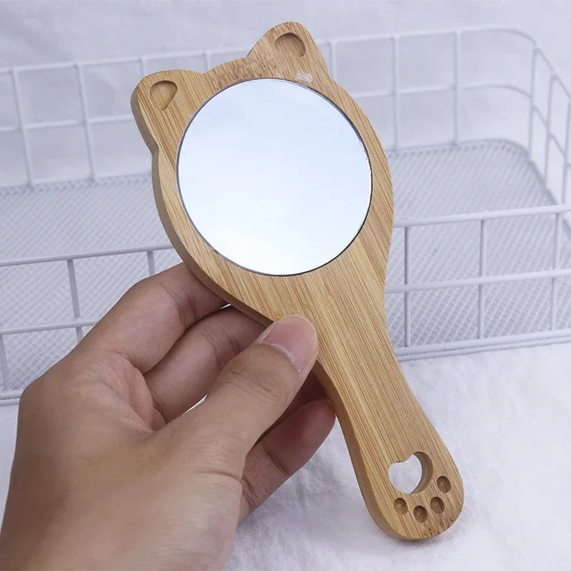 Cute Cat Bamboo Pocket Makeup Mirror | Compact Dual-Sided Compact Makeup Mirror QXL