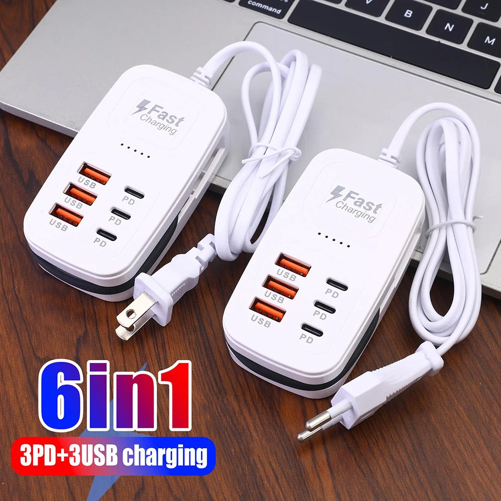 6-in-1 Desktop Charging Station | 3 USB-C PD & 3 USB Ports Desktop Charging Station QXL