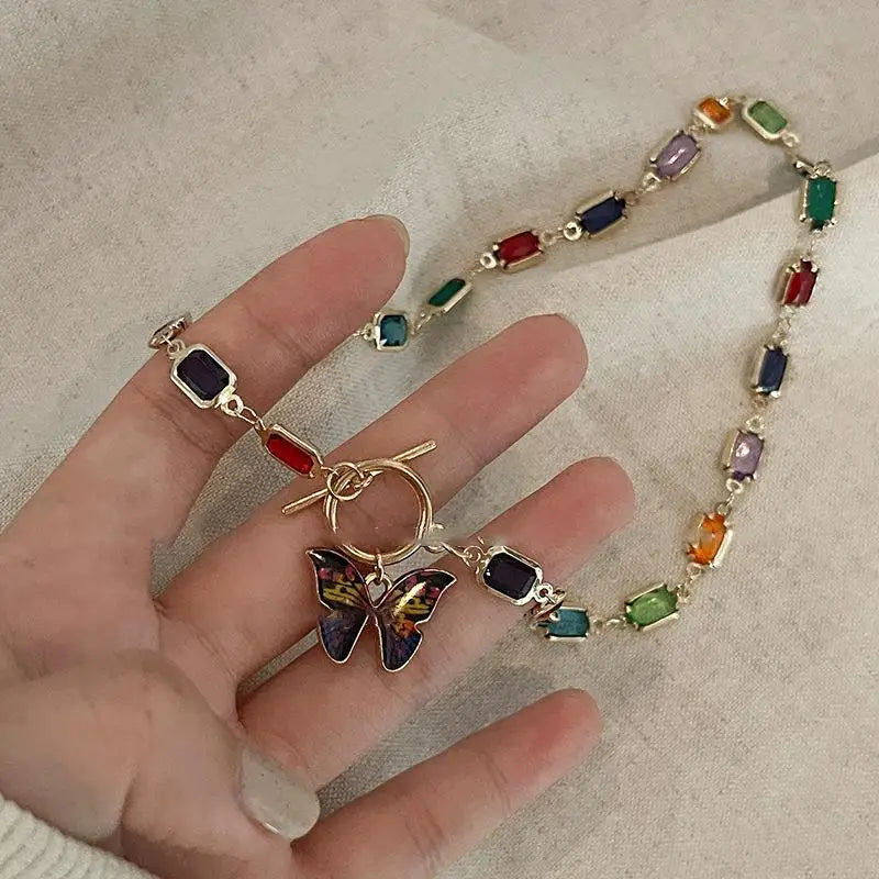 Retro Butterfly Rainbow Crystal Choker Necklace | Boho Pendant Crystal Pendant Necklace QXL