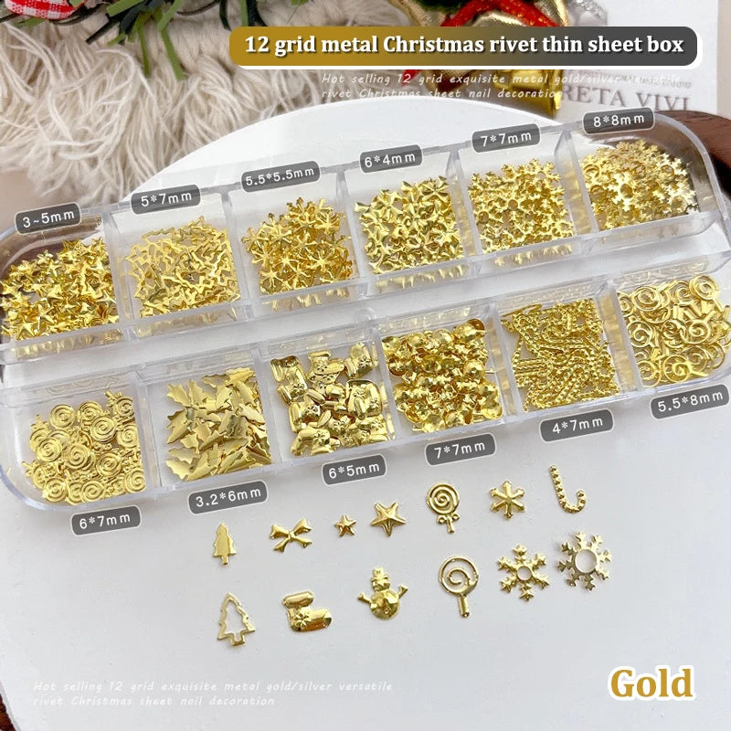 Christmas Nail Art Charms 12-Grid | Metal Xmas Sequins Set Nail Art Charms QXL Gold